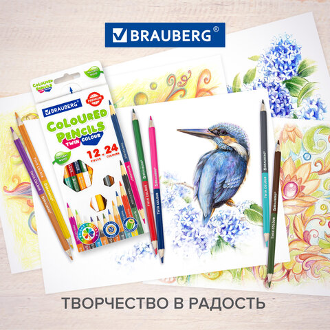 Карандаши цветные двусторонние BRAUBERG PREMIUM TWIN COLOUR, 24 штуки, 48 цветов, шестигранные, грифель 3,3 мм, натуральное дерево, 181875