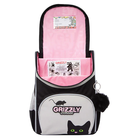 Ранец GRIZZLY анатомическая спинка, с мешком для обуви, для девочек, "BLACKY", серый, 33х25х13 см, RAm-584-1/2