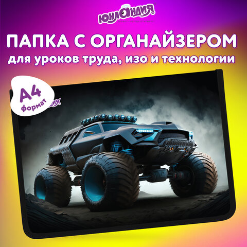 Папка для труда на молнии ЮНЛАНДИЯ А4, 1 отделение, откидная планка, органайзер, "Space driver", 273396