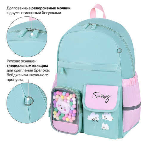 Рюкзак BRAUBERG PASTEL с термонашивками в комплекте, "Funny clouds", мятный, 40х29х14 см, 271421