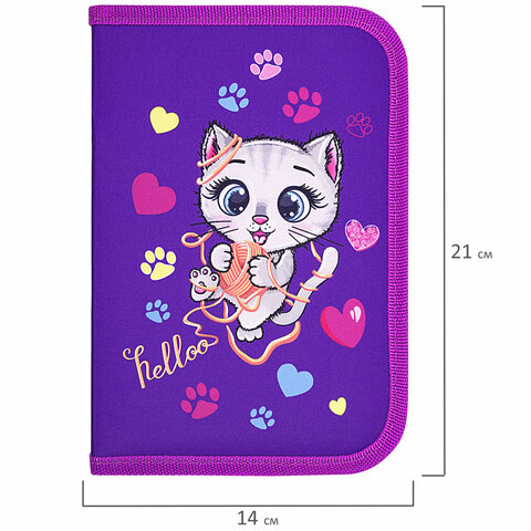 Пенал BRAUBERG, 1 отделение, 1 откидная планка, полиэстер, 21х14 см, "Playing kitty", 271521
