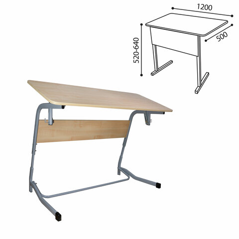 Стол-парта 2-местный, регулируемый угол, "Олимп", 1200х500х520-640 мм, рост 2-4, серый каркас, ЛДСП клён