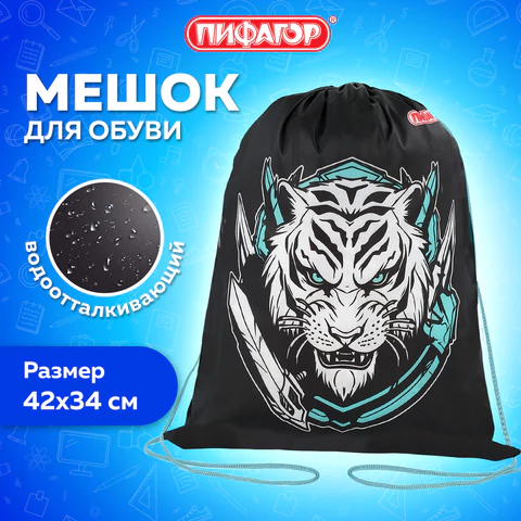 Мешок для обуви ПИФАГОР, 1 отделение, 42х34 см, "White tiger", 272389