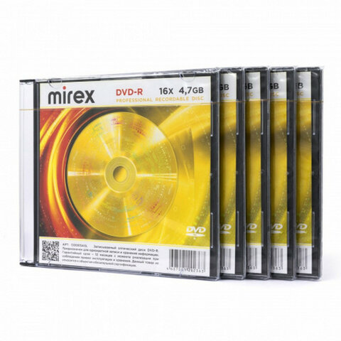 Диски DVD-R MIREX, 4,7 ГБ, 16x, Slim Case, КОМПЛЕКТ 5 шт., UL130003A1F