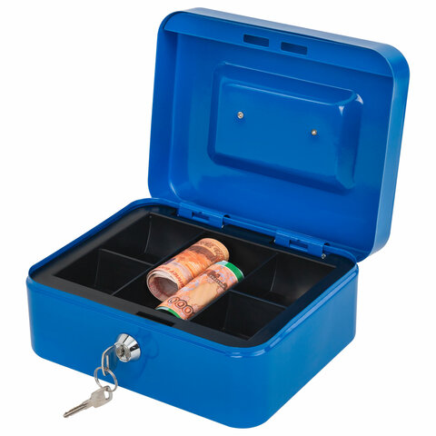 Ящик для денег, ценностей, документов, печатей, 90х160х200 мм, ключевой замок, синий, BRAUBERG, 291351