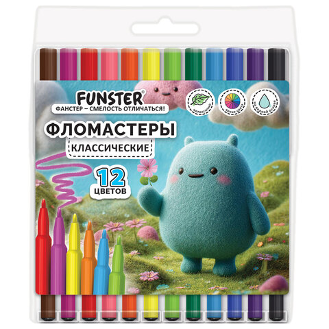 Фломастеры ПВХ пенал "АССОРТИ 6 ДИЗАЙНОВ", 12 цветов, КЛАССИЧЕСКИЕ, FUNSTER (ФАНСТЕР), 152685