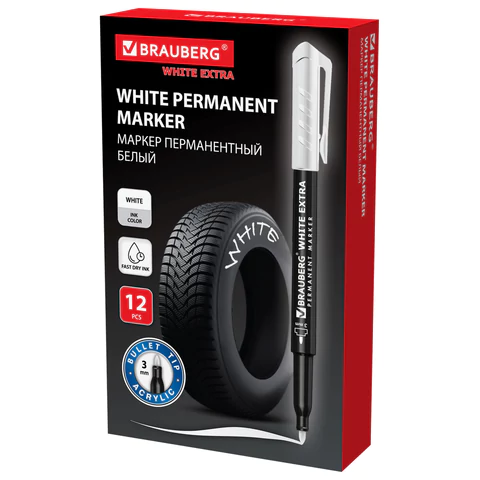 Маркер перманентный BRAUBERG WHITE EXTRA, БЕЛЫЙ, круглый наконечник 3 мм, 152488