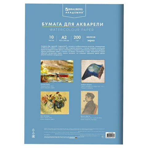 Папка для акварели БОЛЬШАЯ А2, 400х590 мм, 10 листов, 200 г/м2, BRAUBERG АКАДЕМИЯ (ДЭК), "Цветы", 117739