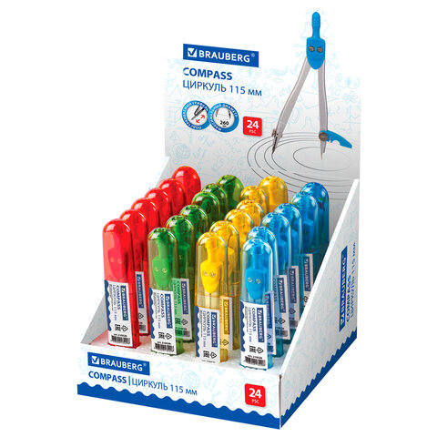 Циркуль с защитным колпачком BRAUBERG "Klasse", 115 мм, пластиковый пенал, ассорти, дисплей, 210526