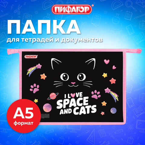 Папка для тетрадей ПИФАГОР А4, 1 отделение, картон/пластик, на молнии, "Dark kitten", 273339