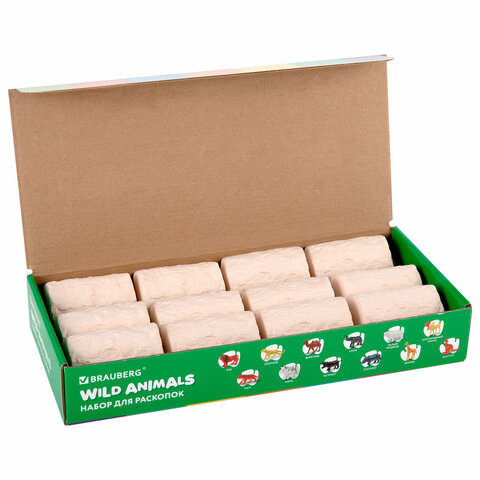 Набор для раскопок "Дикие животные", 12 видов, карточки, инструменты, BRAUBERG KIDS, 665128
