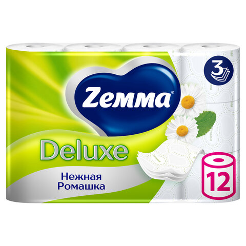 Бумага туалетная 3-слойная 12 рулонов (12х17 м), С АРОМАТОМ РОМАШКИ, ZEMMA/ZEWA Deluxe, 536131