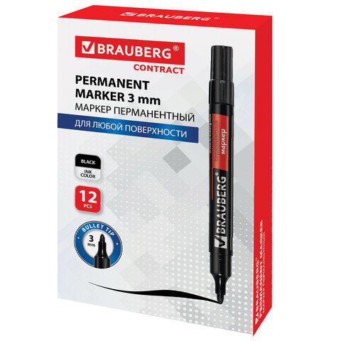 Маркер перманентный BRAUBERG "Contract", ЧЕРНЫЙ, круглый наконечник, 3 мм, 150465