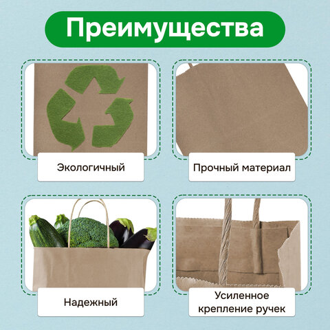 Крафт-пакет бумажный 22х12х25 см, КОМПЛЕКТ 50 шт., крученые ручки, плотность 90 г/м2, LAIMA ECO CRAFT, 609684