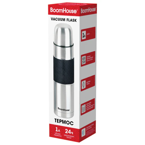 Термос 1 л, BOOMHOUSE (БУМХАУС) CLASSIC, нержавеющая сталь SUS304, черный силиконовый рукав, крышка/кружка, 700308