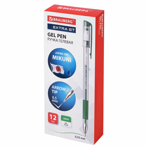 Ручка гелевая с грипом BRAUBERG "EXTRA GT", ЗЕЛЕНАЯ, стандартный узел 0,5 мм, линия 0,35 мм, 143922