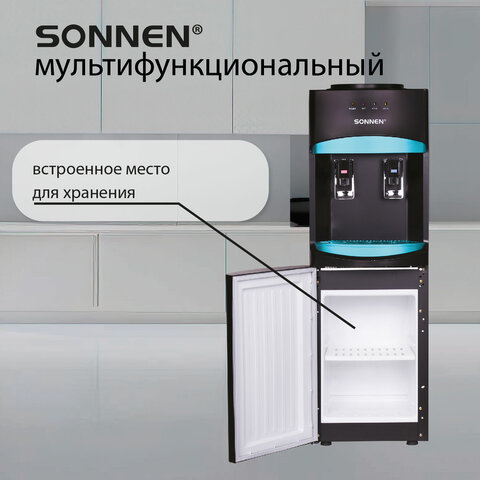 Кулер для воды SONNEN FSC-02W TURBO напольный, ТУРБОНАГРЕВ/ОХЛАЖДЕНИЕ КОМПРЕССОРНОЕ, шкаф, 2 крана, черный, 456171
