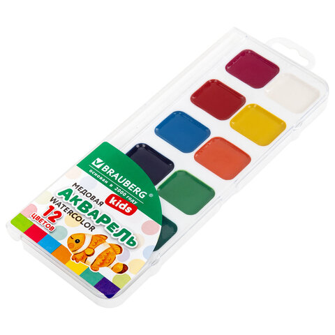 Краски акварельные BRAUBERG KIDS NEW, медовые, 12 цветов, квадратные кюветы, пластиковый пенал с европодвесом, 192796
