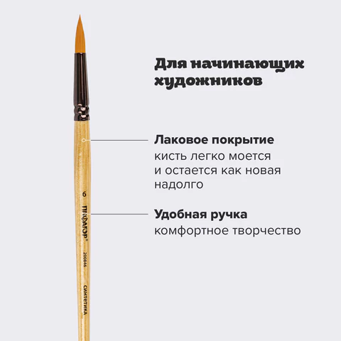 Кисть ПИФАГОР, СИНТЕТИКА, круглая, № 6, деревянная лакированная ручка, с колпачком, пакет с подвесом, 200846