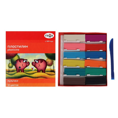 Пластилин классический ГАММА "Мультики", 12 цветов, 240 г, со стеком, картонная упаковка, 280018/281018