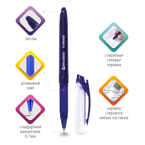 Ручка стираемая гелевая с грипом BRAUBERG "X-ERASE", СИНЯЯ, корпус синий, узел 0,7 мм, линия письма 0,35 мм, 143333