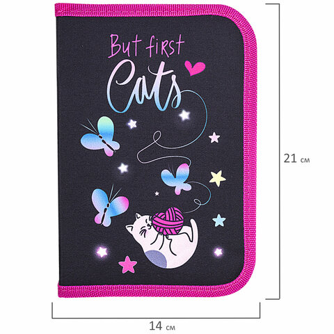 Пенал BRAUBERG с наполнением, 1 отделение, 1 откидная планка, 24 предмета, 21х14 см, "Cats first", 271525