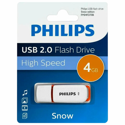 Флеш-диск 4 GB PHILIPS SNOW, разъем USB 2.0, оранжевый, FM04FD70B/97