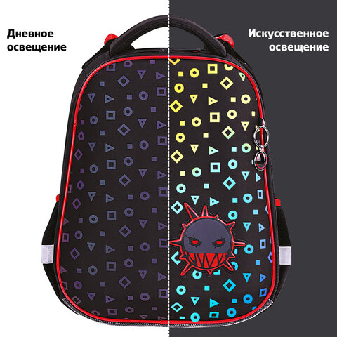 Ранец BRAUBERG LUMINOUS, 2 отделения, с брелоком, "Danger", СВЕТЯЩИЙСЯ РИСУНОК, 38х29х16 см, 272069