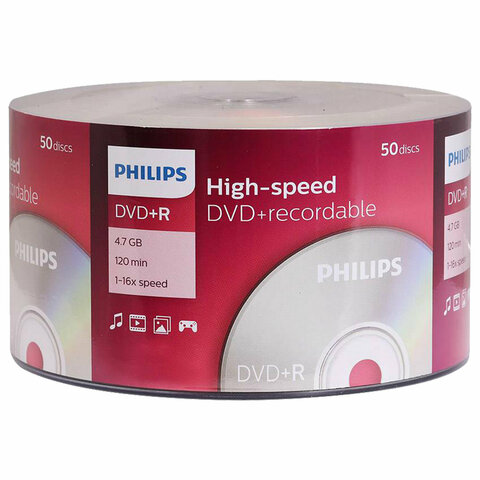 Диски DVD+R (плюс) PHILIPS, 4,7 Гб, 16x, Bulk (термоусадка без шпиля), КОМПЛЕКТ 50 шт., DR4S6U50F/97