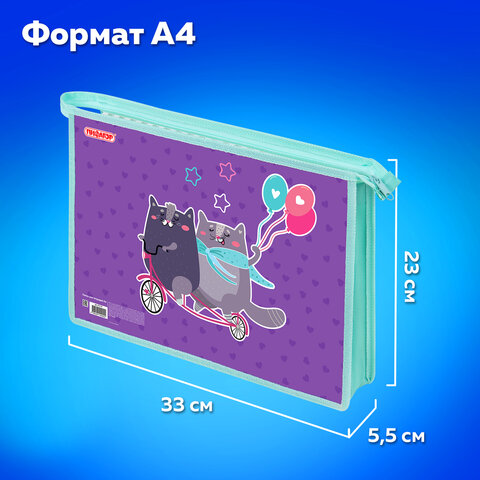 Папка для тетрадей ПИФАГОР А4, 1 отделение, картон/пластик, на молнии, "Bike cats", 272125