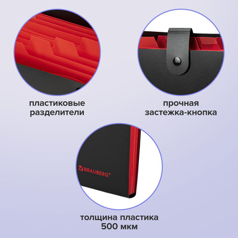 Папка-органайзер на кнопке 12 отделений, BRAUBERG "Extra", А4, черная с красным, 271934