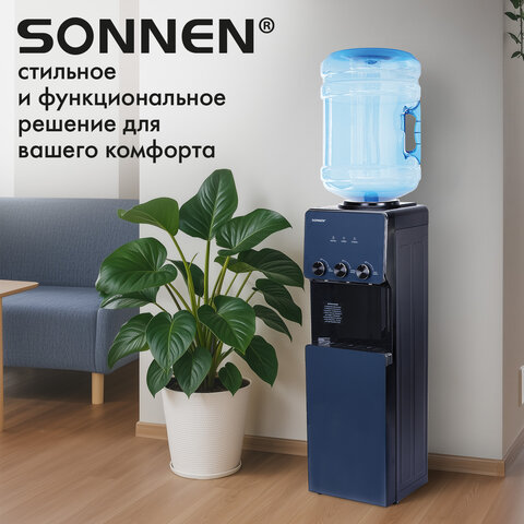 Кулер для воды SONNEN FSE-03RTi, напольный, НАГРЕВ/ОХЛАЖДЕНИЕ ЭЛЕКТРОННОЕ, шкафчик, 3 крана, титановый синий, 455746