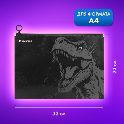 Папка для тетрадей BRAUBERG А4, 1 отделение, пластик, на zip-lock молнии, "Scary dino", 273321
