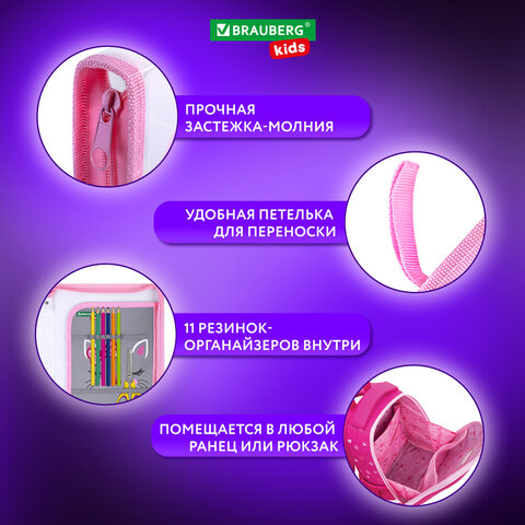 Папка для труда на молнии BRAUBERG KIDS А4, 1 отделение, прозрачная, органайзер, "Tiny cutie", 273397