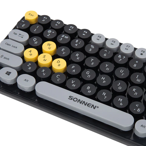 Клавиатура беспроводная бесшумная USB, 105 клавиш, SONNEN K303BY, черная / серая / желтая, 513952