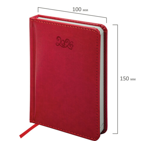 Ежедневник датированный 2026, МАЛЫЙ ФОРМАТ 100х150 мм, А6, BRAUBERG "Rainbow", под кожу, красный, 117256