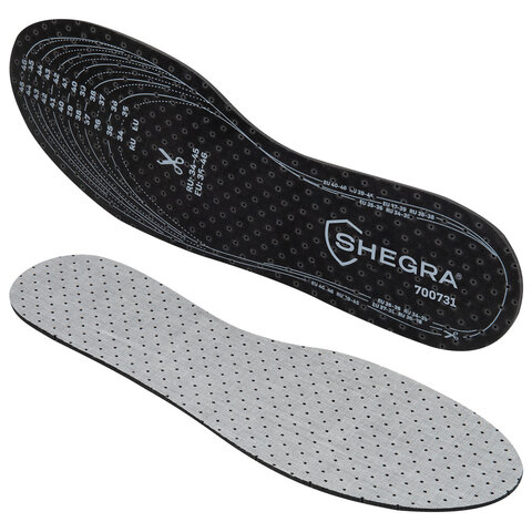 Стельки для обуви с АКТИВИРОВАННЫМ УГЛЕМ, УНИВЕРСАЛЬНЫЙ размер RU 34-45 / EU 35-46, с линиями выреза, SHEGRA (ШЕГРА), 700731