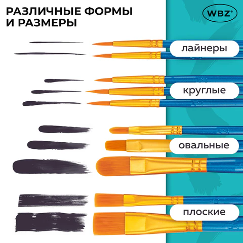 Кисти набор 10 шт., синтетика, синие, № 2/0-8 (Круглые; Овальные; Плоские; Лайнеры), WBZ (ВБЗ), 201085