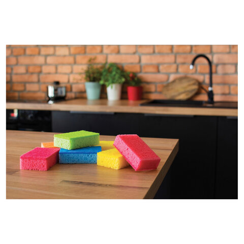 Губки для посуды 10х7х3 см, КОМПЛЕКТ 7 шт., MAXI, поролон с абразивным слоем, COLOR, YORK, 30180