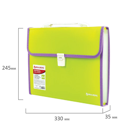 Папка-портфель пластиковая BRAUBERG "JOY", А4 (330х245х35 мм), 13 отделений, с окантовкой, салатовая, 227974