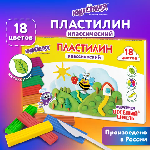 Пластилин классический ЮНЛАНДИЯ "ВЕСЁЛЫЙ ШМЕЛЬ", 18 цветов, 360 грамм, стек, ВЫСШЕЕ КАЧЕСТВО, 106432