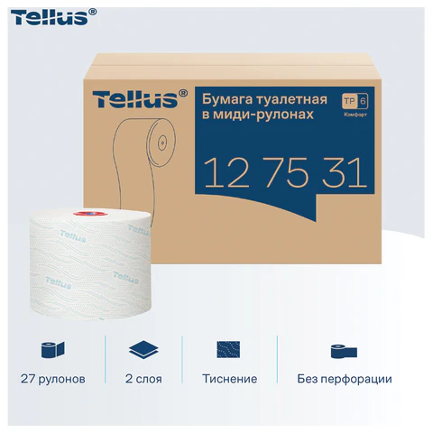 Бумага туалетная 100 м, Tellus/TORK (Система Т6) ADVANCED, КОМПЛЕКТ 27 рулонов, 2-слойная, белая, 127531, 127530/127531