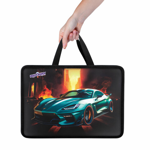 Папка на молнии с ручками ЮНЛАНДИЯ А4, 1 отделение, пластик, 80 мм, "Fire car", 272155