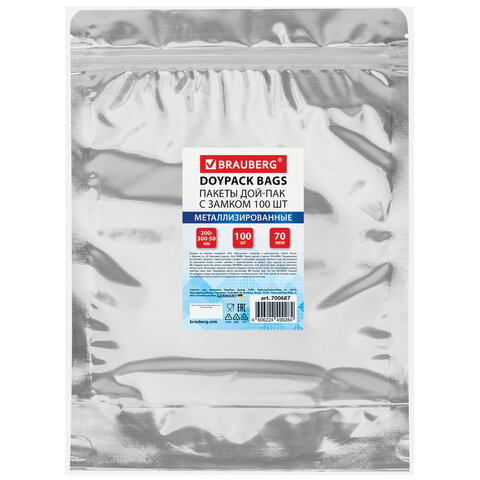 Пакеты дой-пак с замком ZIP LOCK, металлизированная + прозрачная стенка, 200х300 + 50 мм, КОМПЛЕКТ 100 штук, 70 мкм, BRAUBERG, 700687