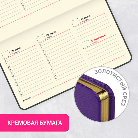 Еженедельник недатированный МАЛЫЙ ФОРМАТ 95х155 мм, А6, BRAUBERG "Iguana", под кожу, 64 л., сиреневый, 114482