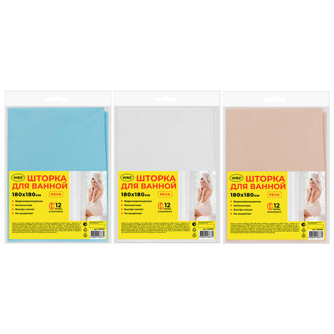 Шторка для ванной PEVA, 180х180 см, кольца в комплекте, 3 цвета ассорти (белый, голубой, коричневый), WBZ (ВБЗ), 700067