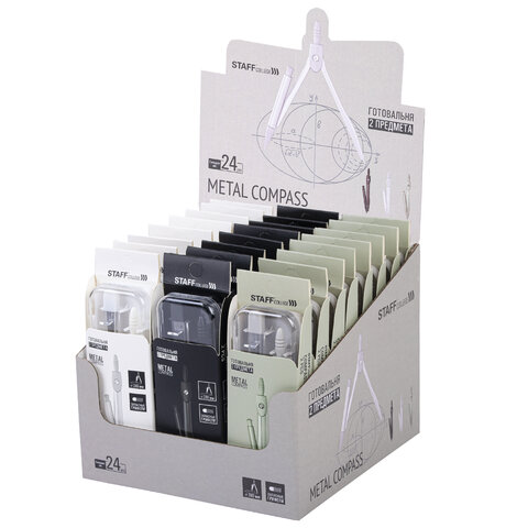 Готовальня STAFF "College" 2 предмета: циркуль 120 мм, запасные грифели, пластиковый пенал, дисплей, ассорти, 210862