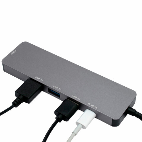 Док-станция GEMBIRD Type-C 5 в 1: 3хUSB3.1, PD100W, HDMI, кабель 17 см, алюминий, UHB-D1