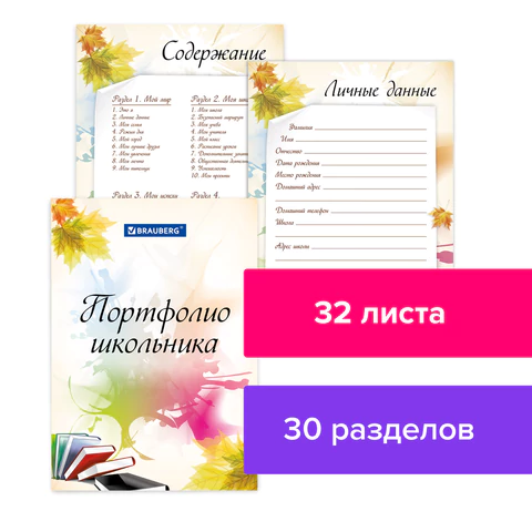 Листы-вкладыши для портфолио ШКОЛЬНИКА, 30 разделов, 32 листа, "Моё портфолио", BRAUBERG, 127550