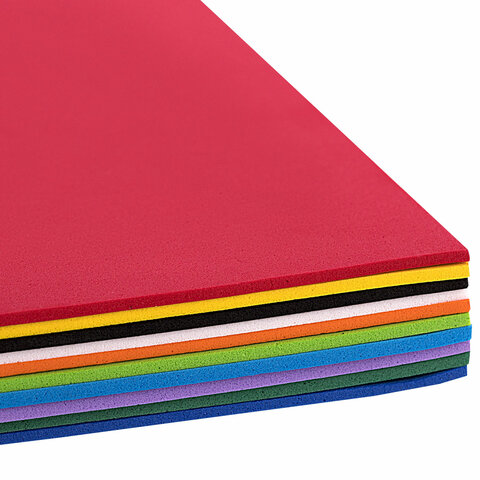 Пористая резина/фоамиран А4, 2 мм, НАБОР №1, 10 листов, 10 цветов, яркие цвета, ОСТРОВ СОКРОВИЩ, 660073